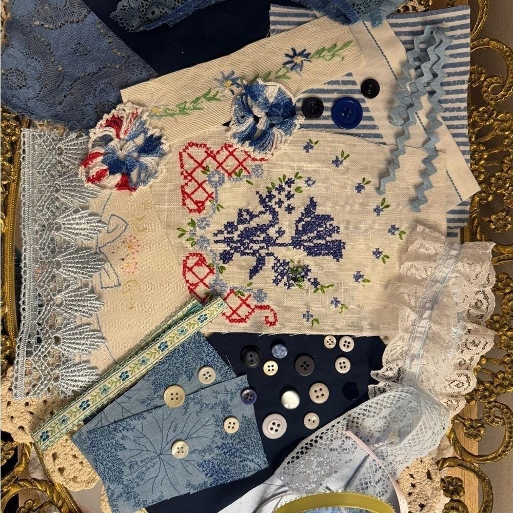 Vintage Blue White Sewing Notions Junk Journal Kit‎ Lace Embroidery Buttons Lot - Picture 7 of 13